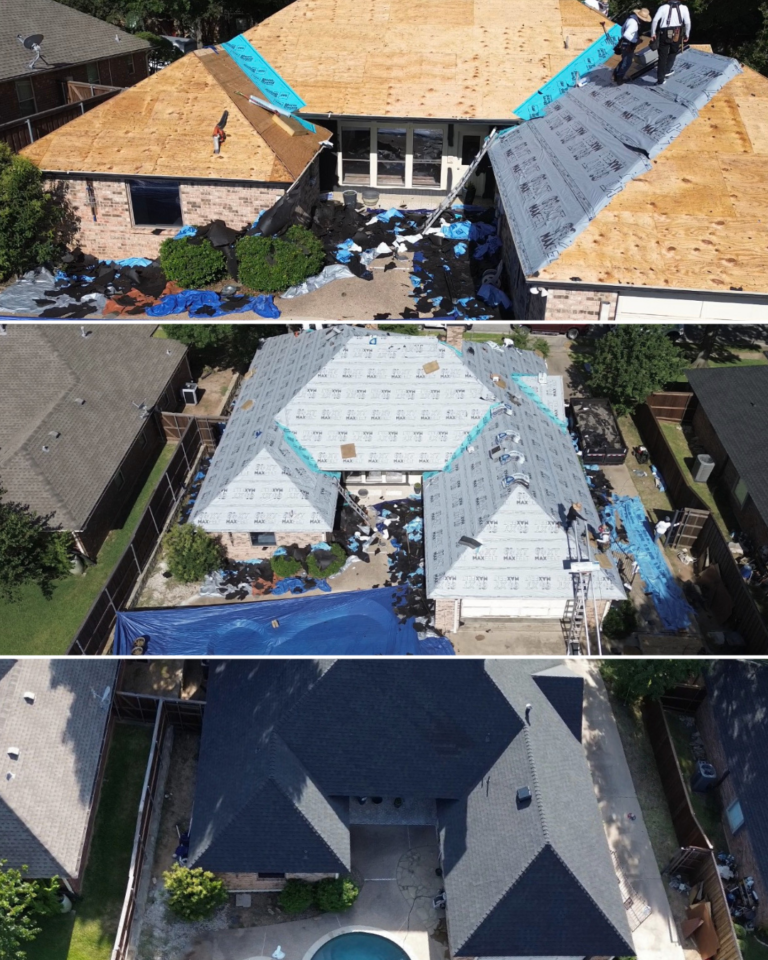 Roof replacement from tear-off to finished black shingle roof, three aerial views